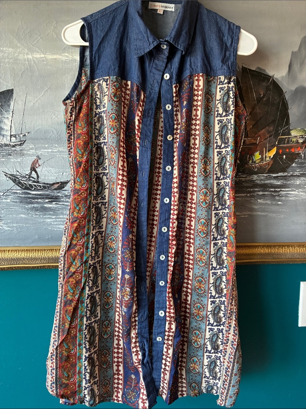 Vintage Paisley Stripe Sleeveless Shirt Dress | Boho Button